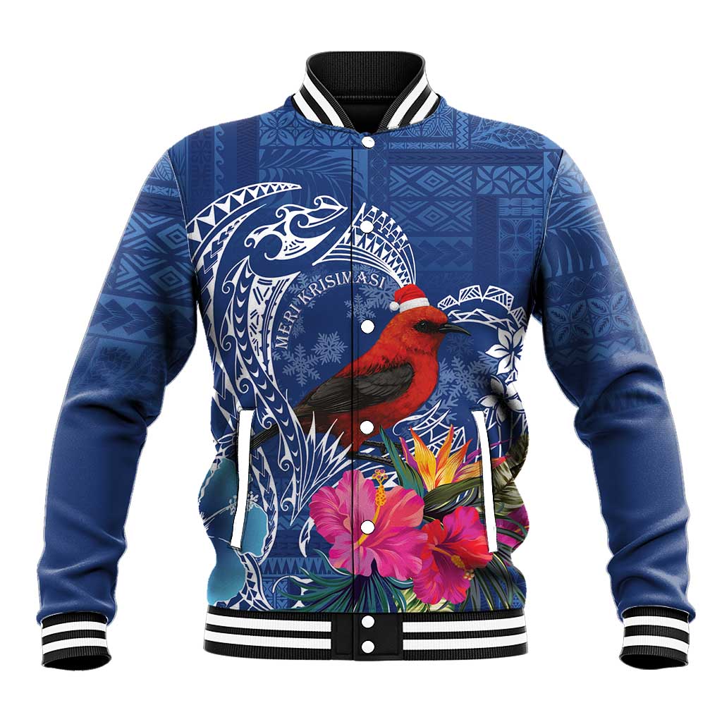 Personalized Samoa Christmas Baseball Jacket Cardinal Honeyeater Mix Siapo LT7 Unisex Blue - Polynesian Pride