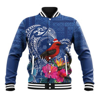 Personalized Samoa Christmas Baseball Jacket Cardinal Honeyeater Mix Siapo LT7 Unisex Blue - Polynesian Pride