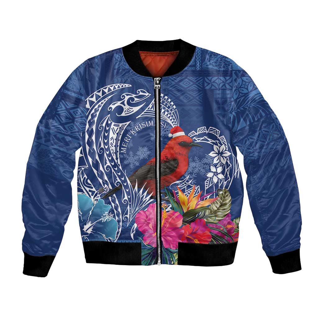 Personalized Samoa Christmas Bomber Jacket Cardinal Honeyeater Mix Siapo LT7 Unisex Blue - Polynesian Pride