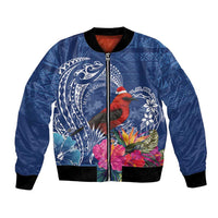 Personalized Samoa Christmas Bomber Jacket Cardinal Honeyeater Mix Siapo LT7 Unisex Blue - Polynesian Pride