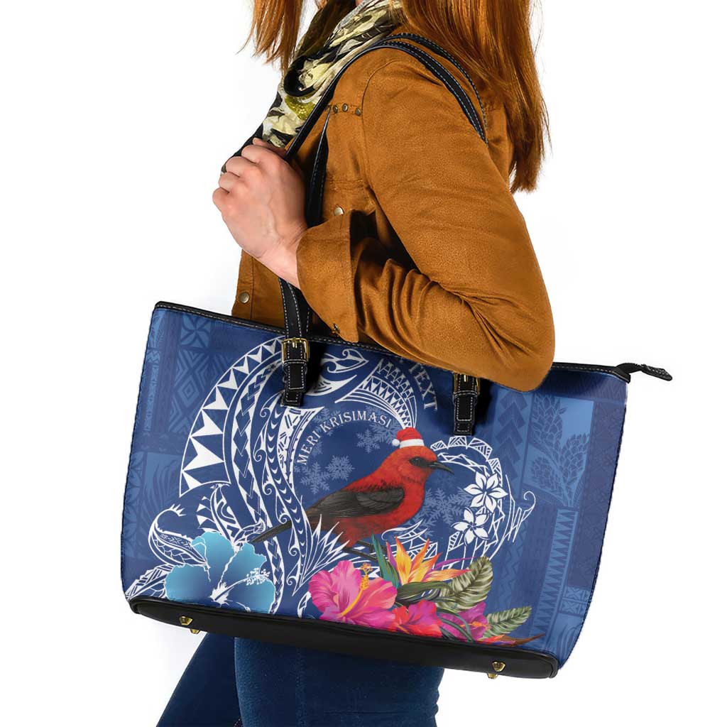 Personalized Samoa Christmas Leather Tote Bag Cardinal Honeyeater Mix Siapo LT7 Blue - Polynesian Pride