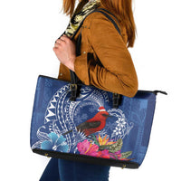 Personalized Samoa Christmas Leather Tote Bag Cardinal Honeyeater Mix Siapo LT7 Blue - Polynesian Pride