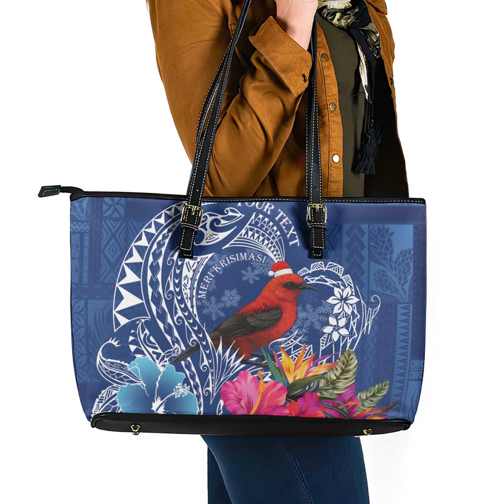 Personalized Samoa Christmas Leather Tote Bag Cardinal Honeyeater Mix Siapo LT7 - Polynesian Pride