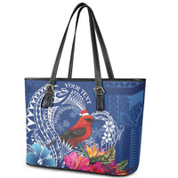 Personalized Samoa Christmas Leather Tote Bag Cardinal Honeyeater Mix Siapo LT7 - Polynesian Pride