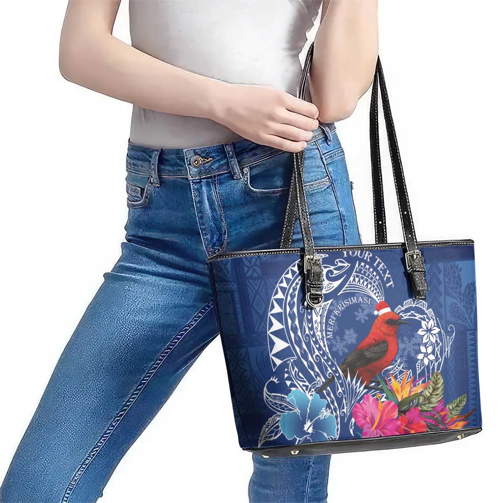 Personalized Samoa Christmas Leather Tote Bag Cardinal Honeyeater Mix Siapo LT7 - Polynesian Pride