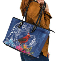 Personalized Samoa Christmas Leather Tote Bag Cardinal Honeyeater Mix Siapo LT7 - Polynesian Pride