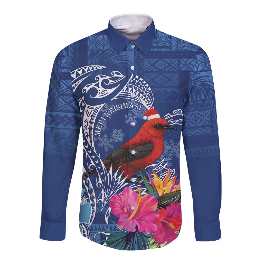 Personalized Samoa Christmas Long Sleeve Button Shirt Cardinal Honeyeater Mix Siapo LT7 Unisex Blue - Polynesian Pride