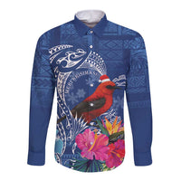 Personalized Samoa Christmas Long Sleeve Button Shirt Cardinal Honeyeater Mix Siapo LT7 Unisex Blue - Polynesian Pride