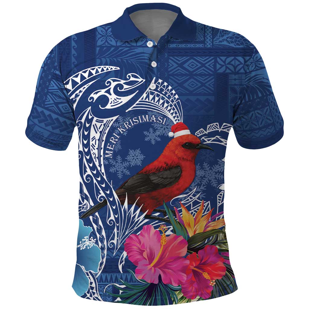 Personalized Samoa Christmas Polo Shirt Cardinal Honeyeater Mix Siapo LT7 Blue - Polynesian Pride