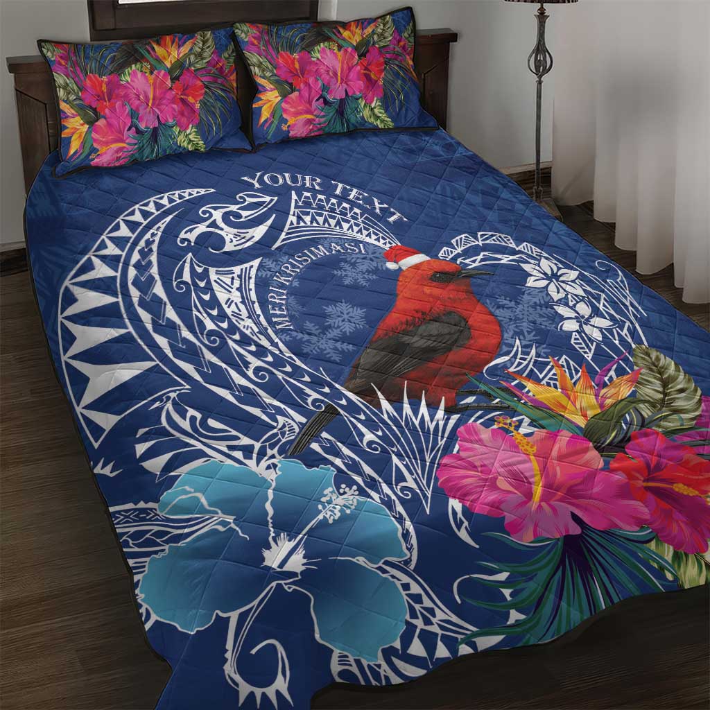 Personalized Samoa Christmas Quilt Bed Set Cardinal Honeyeater Mix Siapo LT7 Blue - Polynesian Pride