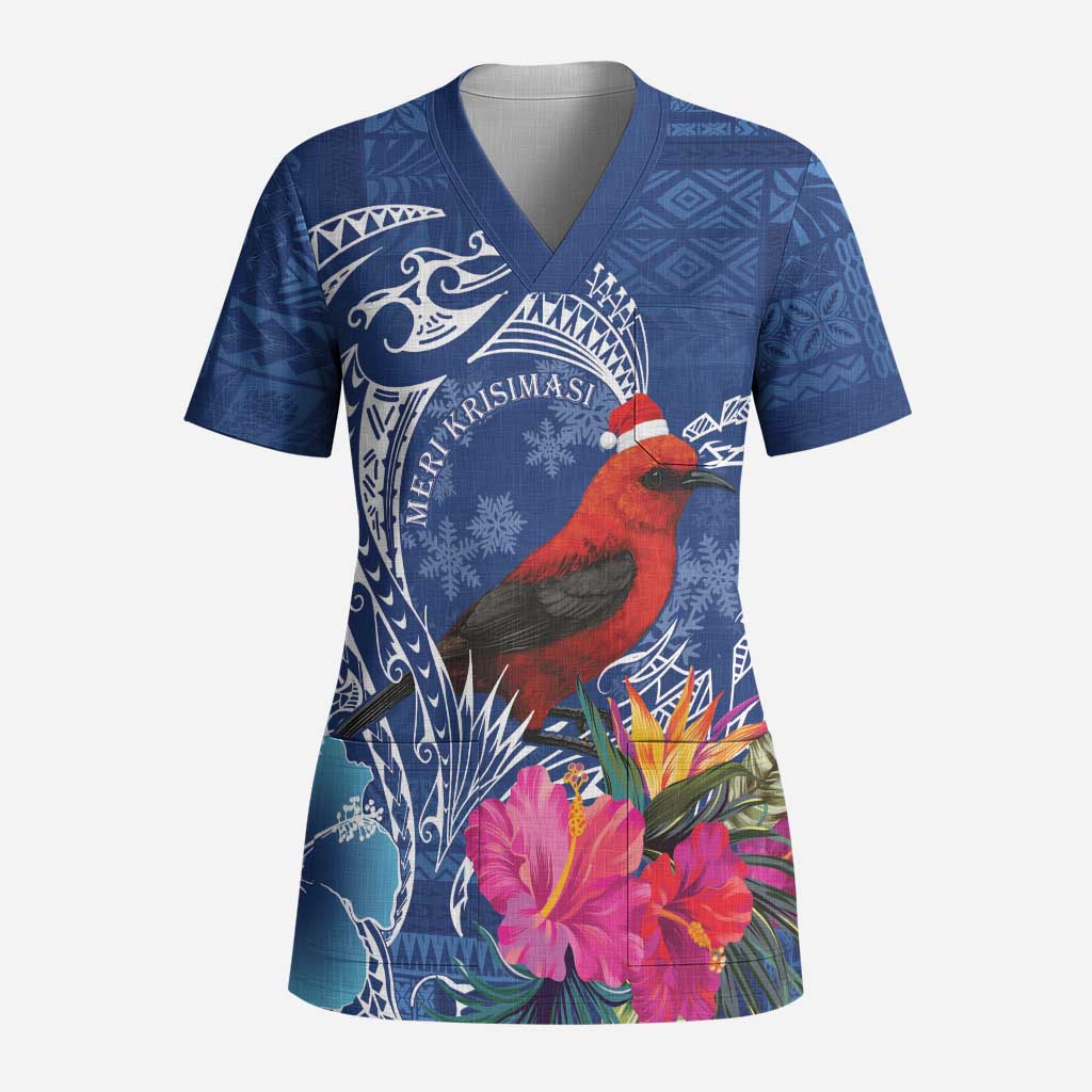 Personalized Samoa Christmas Scrub Top Cardinal Honeyeater Mix Siapo LT7 Adult Blue - Polynesian Pride