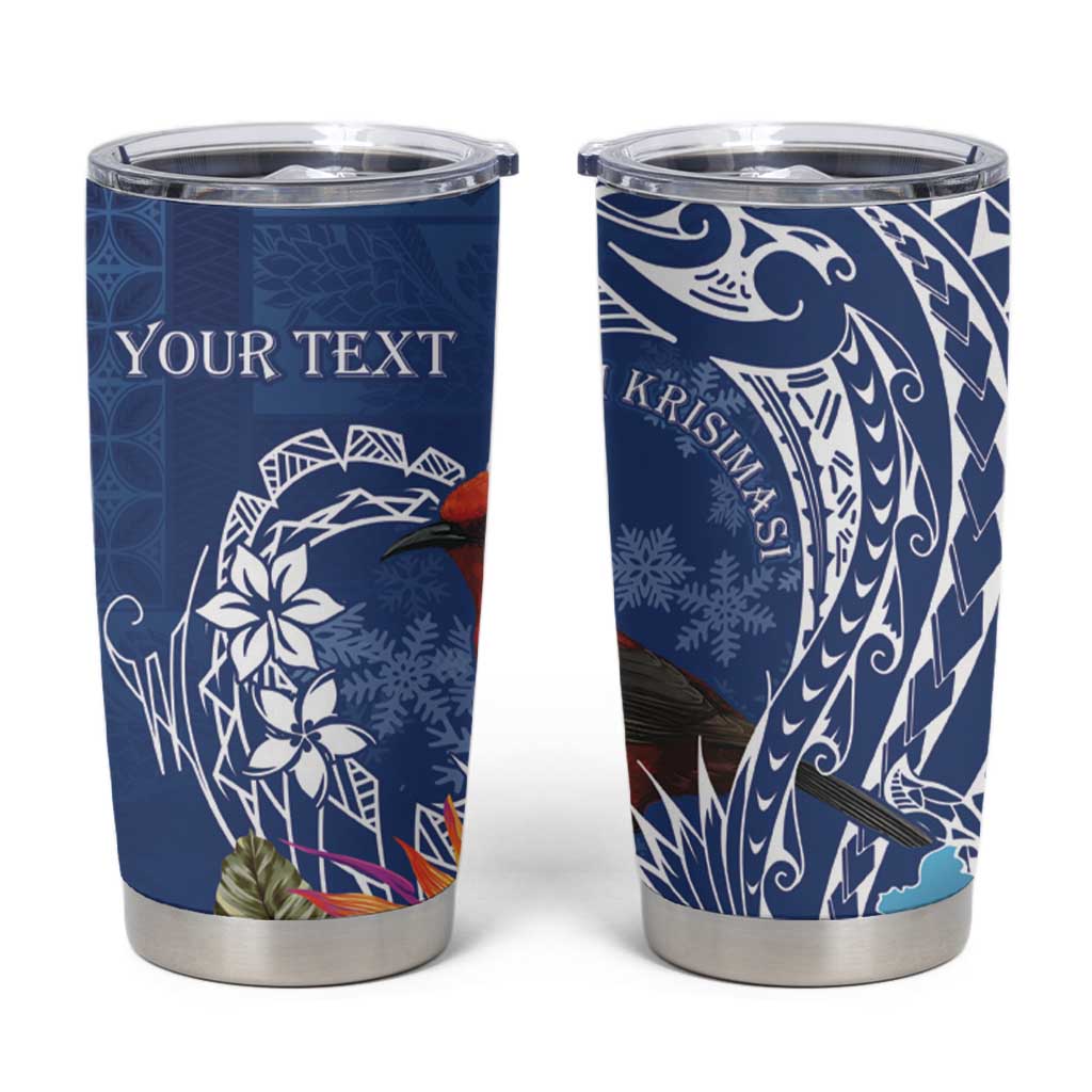 Personalized Samoa Christmas Tumbler Cup Cardinal Honeyeater Mix Siapo LT7 Blue - Polynesian Pride