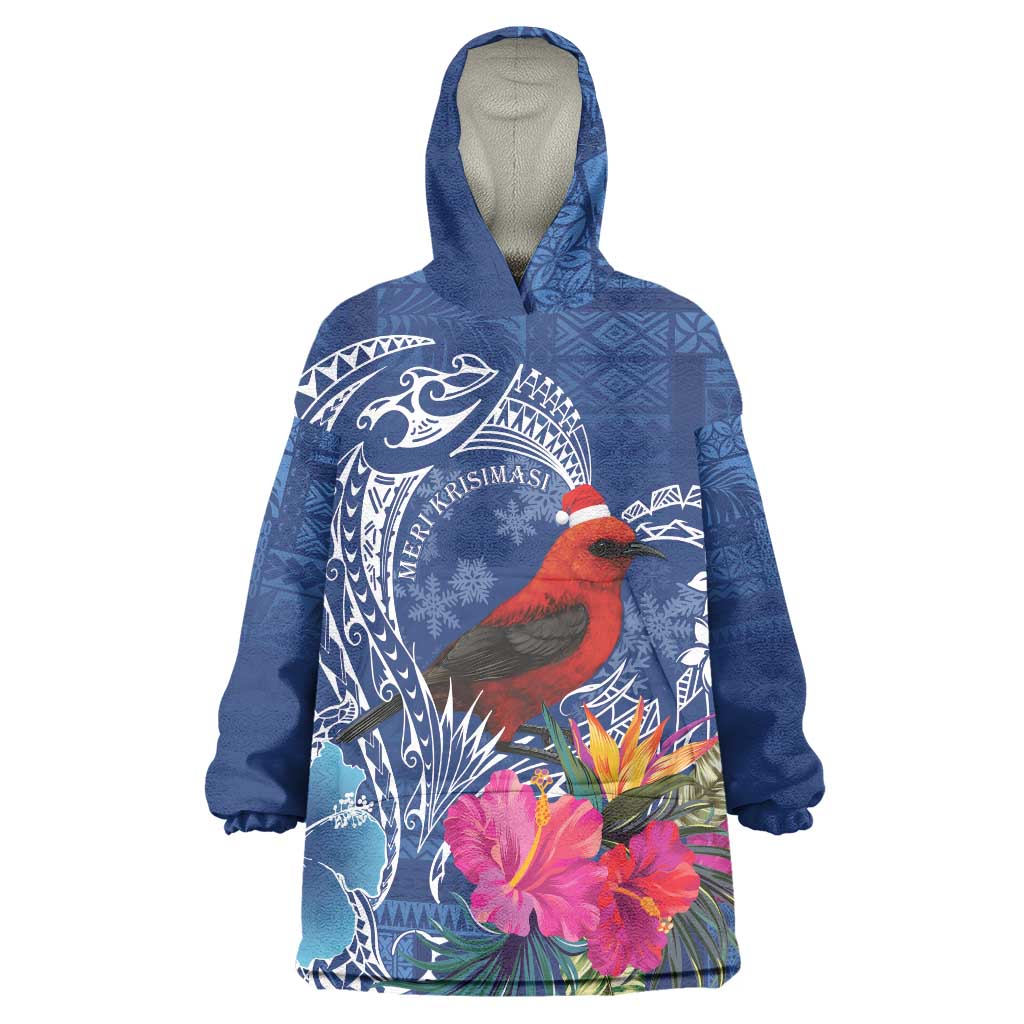 Personalized Samoa Christmas Wearable Blanket Hoodie Cardinal Honeyeater Mix Siapo LT7 One Size Blue - Polynesian Pride