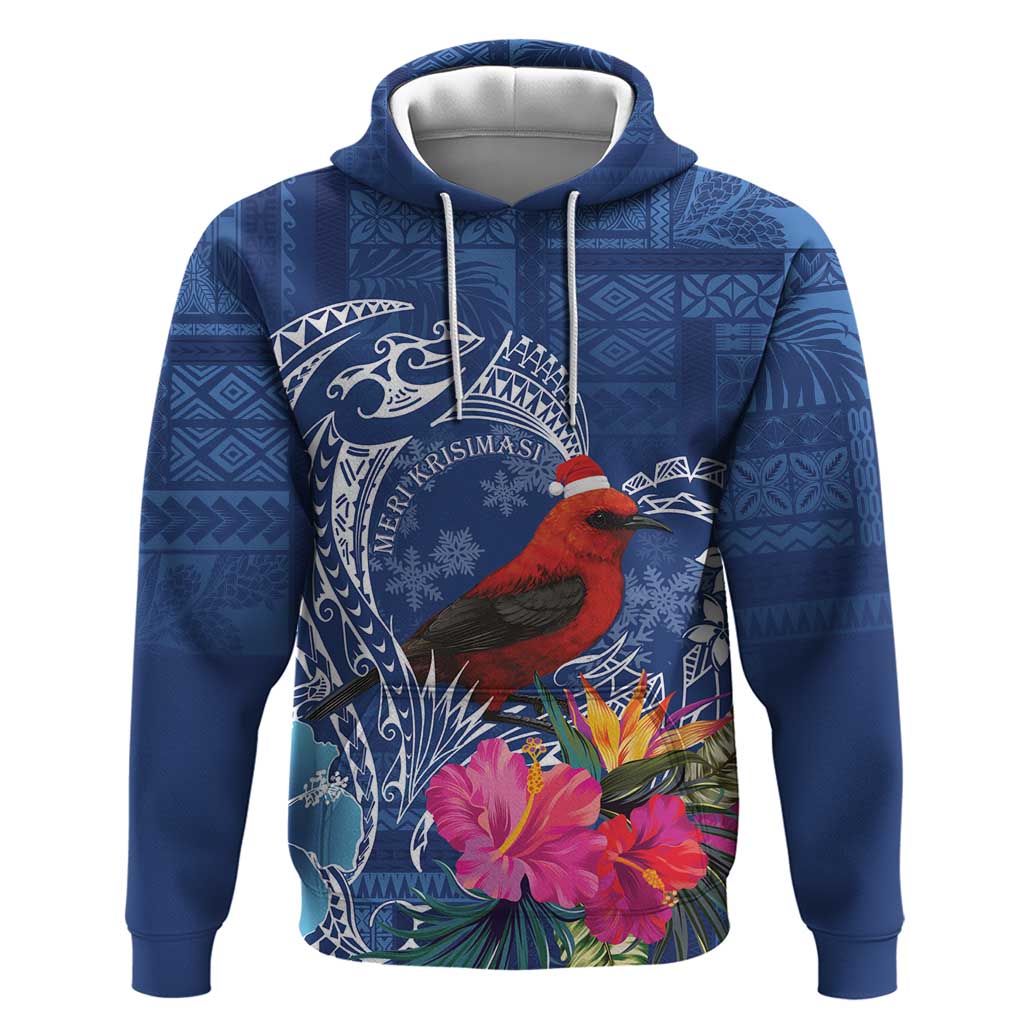 Personalized Samoa Christmas Zip Hoodie Cardinal Honeyeater Mix Siapo LT7 Pullover Hoodie Blue - Polynesian Pride