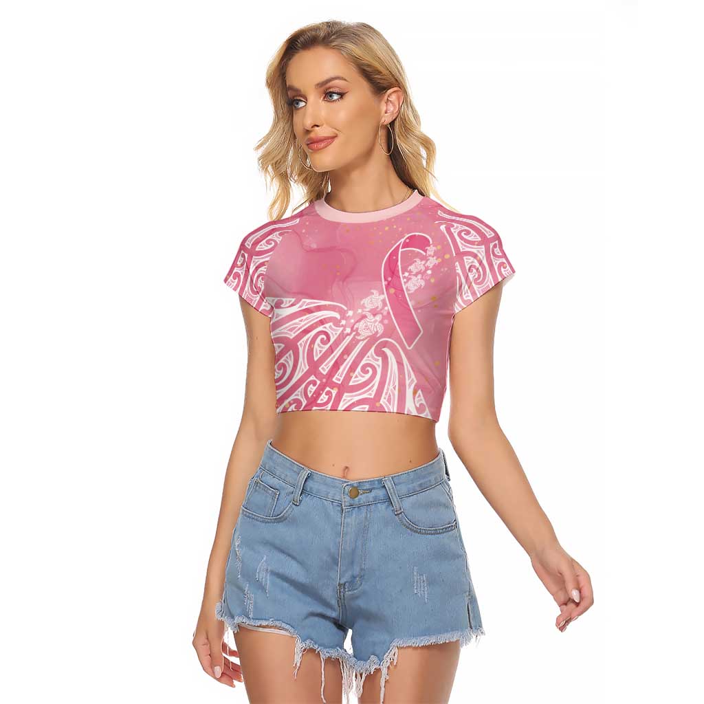 Breast Cancer Awareness Maori Raglan Cropped T Shirt Kia Kaha Kia Maia Kia Manawanui LT7 Female Pink - Polynesian Pride