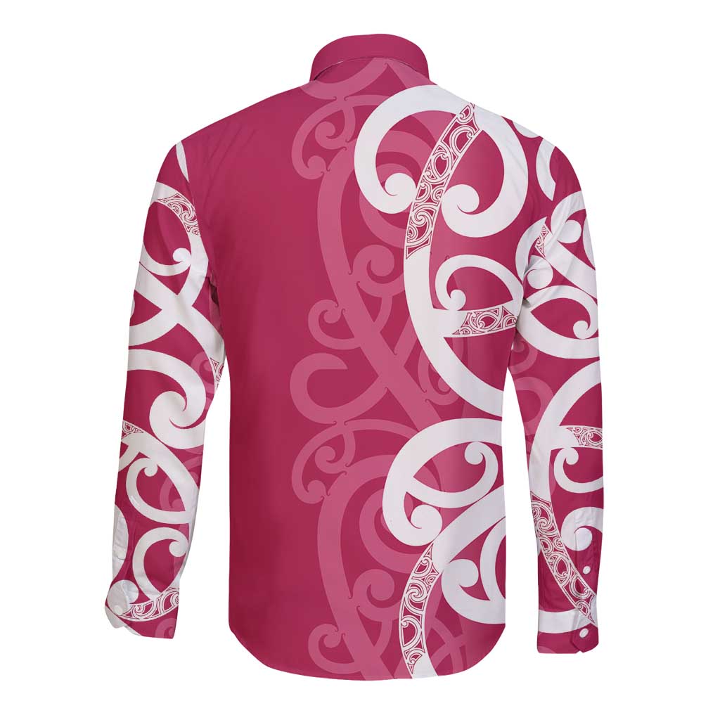 Breast Cancer Awareness Maori Long Sleeve Button Shirt Koru Kowhaiwhai LT7 - Polynesian Pride