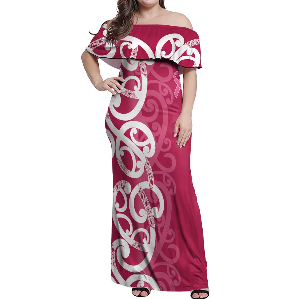 Breast Cancer Awareness Maori Off Shoulder Maxi Dress Koru Kowhaiwhai LT7 Women Pink - Polynesian Pride