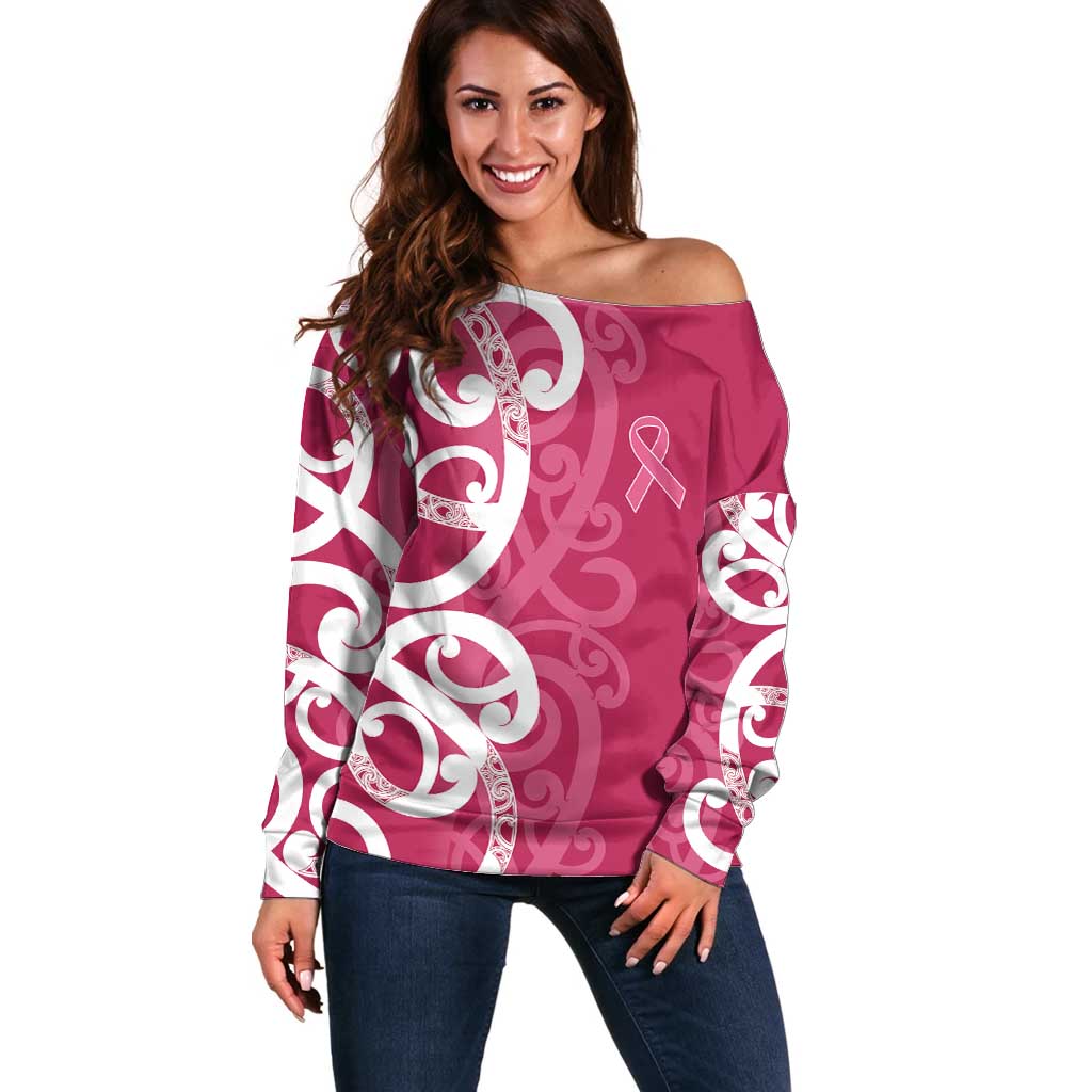 Breast Cancer Awareness Maori Off Shoulder Sweater Koru Kowhaiwhai LT7 Women Pink - Polynesian Pride