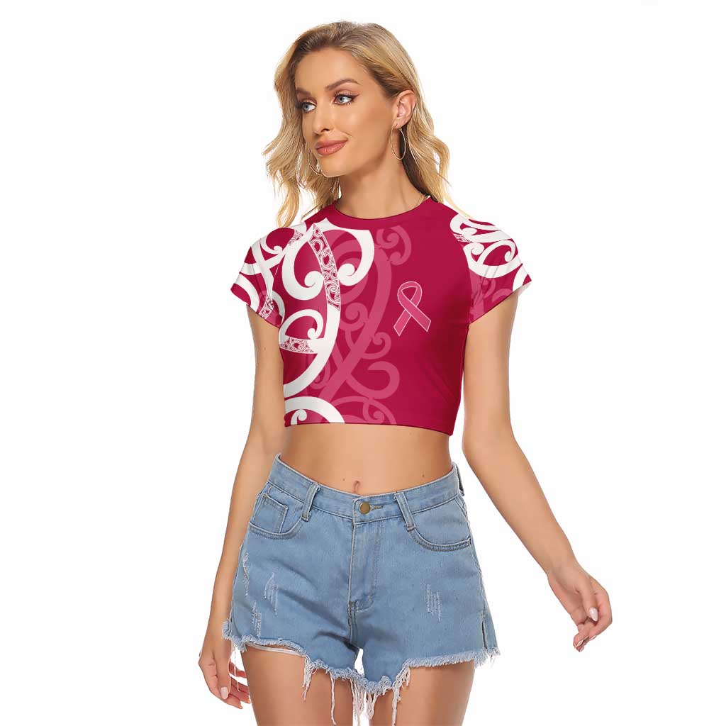 Breast Cancer Awareness Maori Raglan Cropped T Shirt Koru Kowhaiwhai LT7 Female Pink - Polynesian Pride