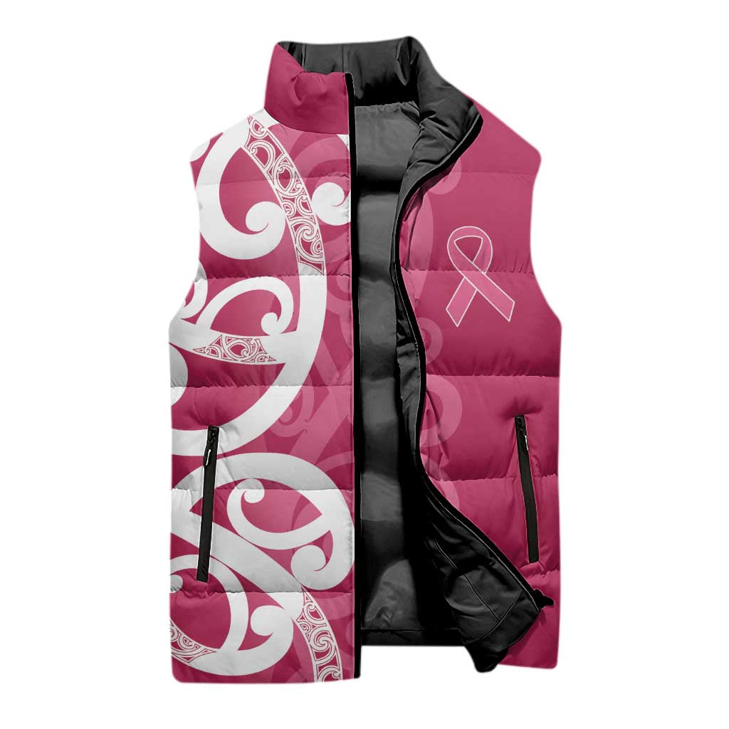 Breast Cancer Awareness Maori Sleeveless Puffer Jacket Koru Kowhaiwhai LT7 - Polynesian Pride