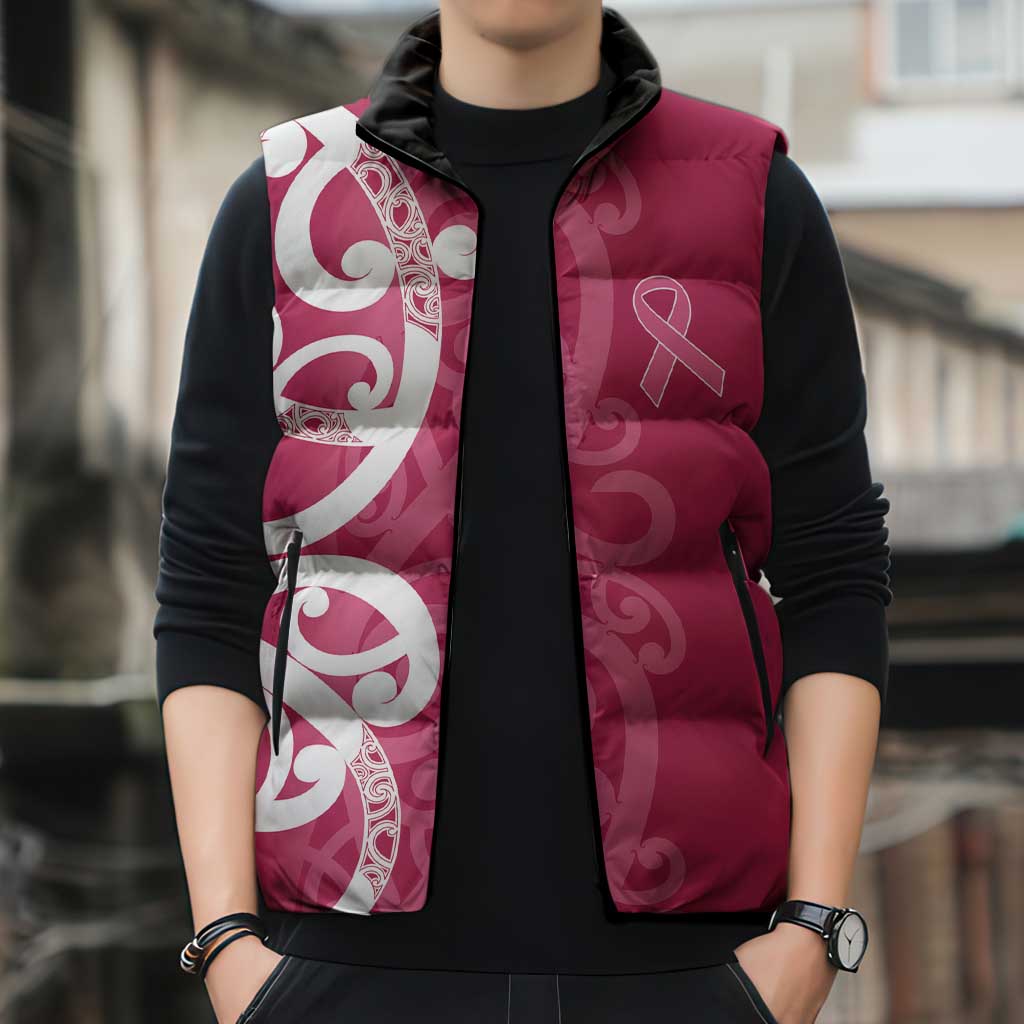 Breast Cancer Awareness Maori Sleeveless Puffer Jacket Koru Kowhaiwhai LT7 - Polynesian Pride