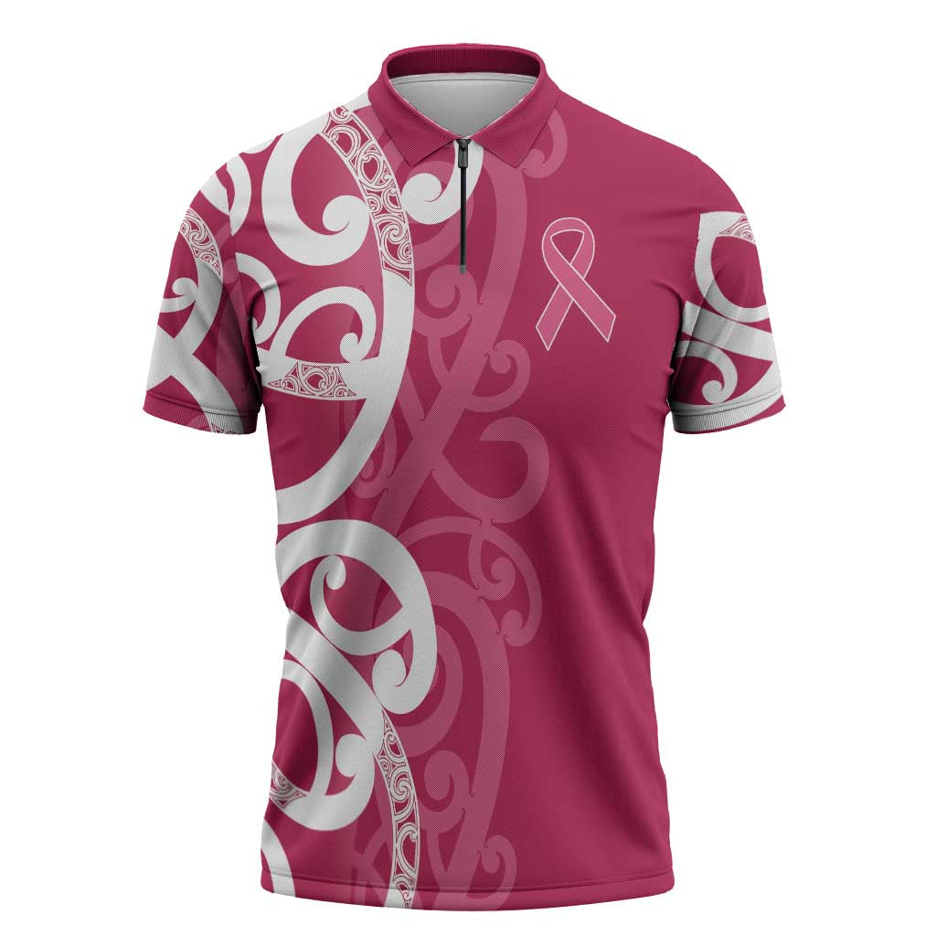 Breast Cancer Awareness Maori Zipper Polo Shirt Koru Kowhaiwhai LT7 Pink - Polynesian Pride