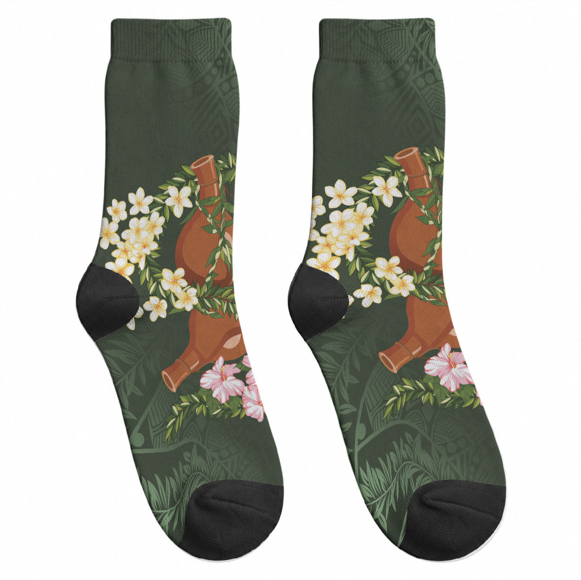 Aloha Hawaii Ipu Gourd Mix Maile Lei Crew Socks Sage Green LT7 - Polynesian Pride
