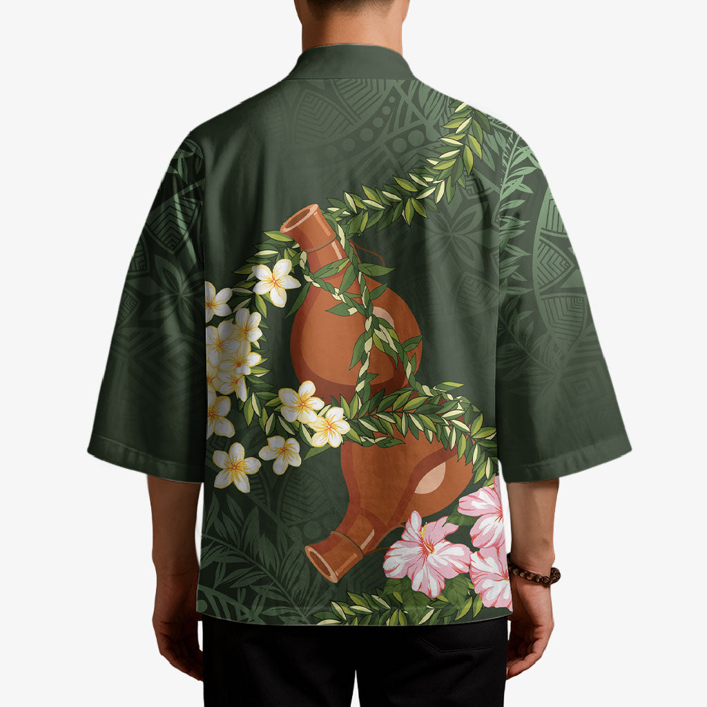 Aloha Hawaii Ipu Gourd Mix Maile Lei Kimono Sage Green LT7 - Polynesian Pride