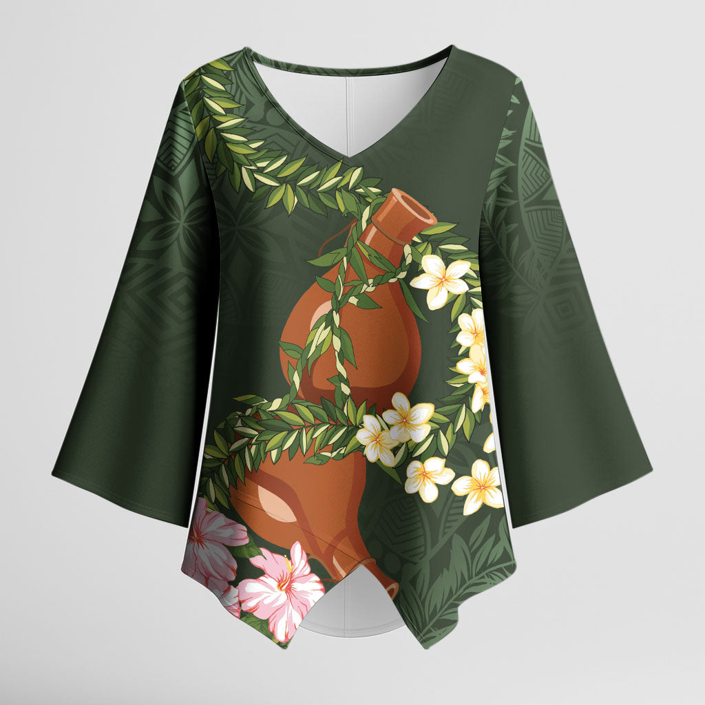 Aloha Hawaii Ipu Gourd Mix Maile Lei Kimono Sleeve Blouse Sage Green LT7 Female Sage Green - Polynesian Pride
