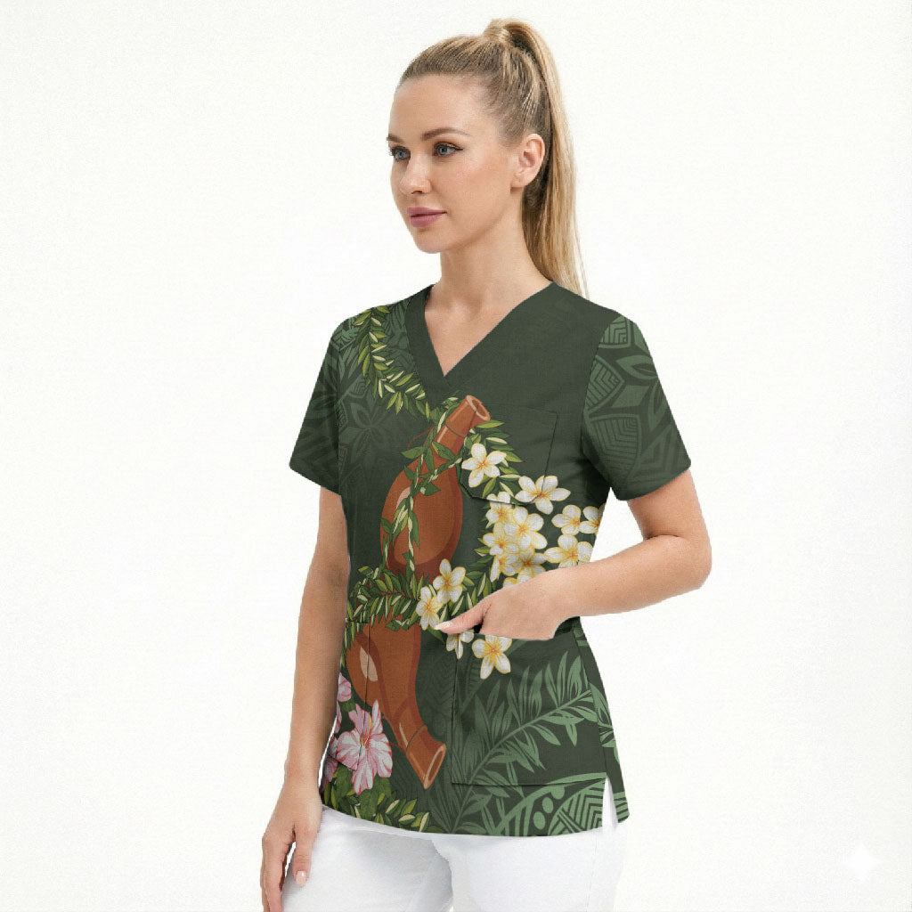 Aloha Hawaii Ipu Gourd Mix Maile Lei Scrub Top Sage Green LT7 - Polynesian Pride