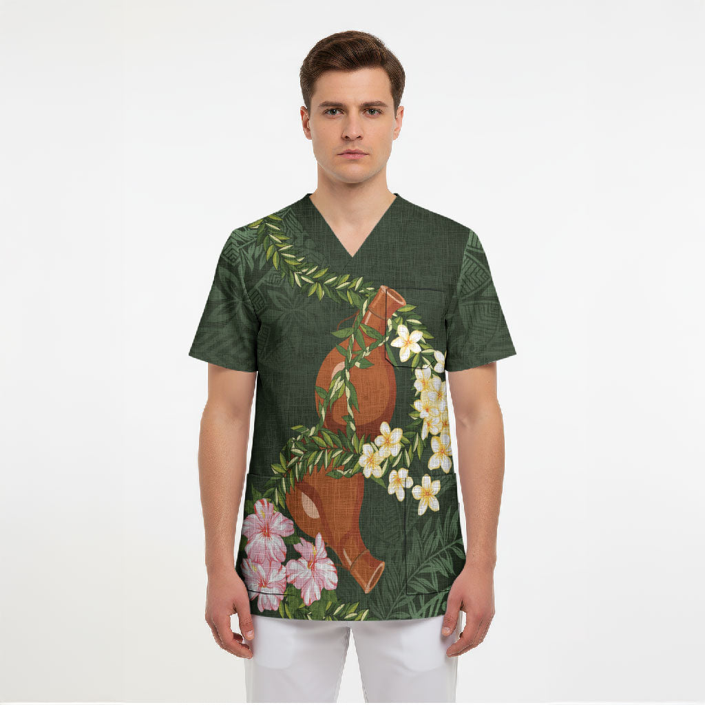 Aloha Hawaii Ipu Gourd Mix Maile Lei Scrub Top Sage Green LT7 - Polynesian Pride