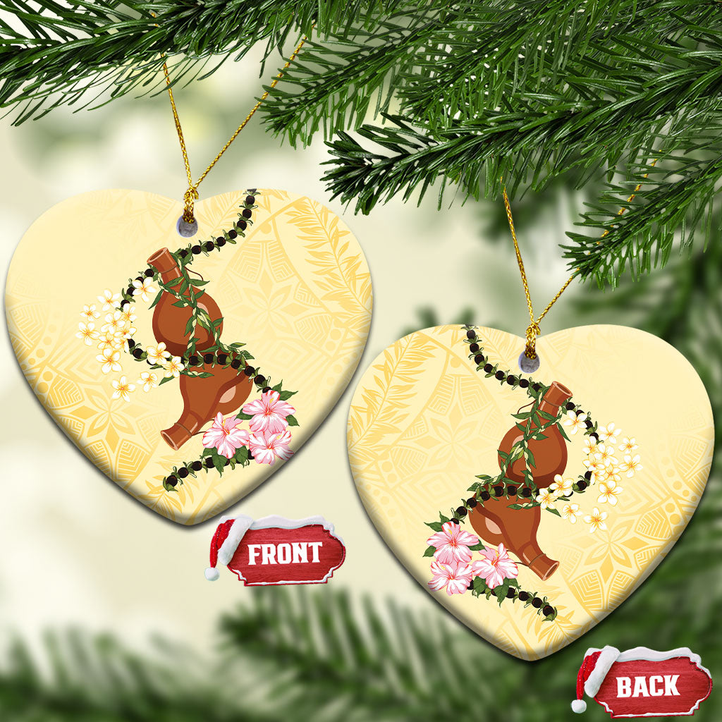 Aloha Hawaii Ipu Gourd Mix Kukui Nut Lei Ceramic Ornament Lemon Yellow LT7 Heart Lemon Yellow - Polynesian Pride