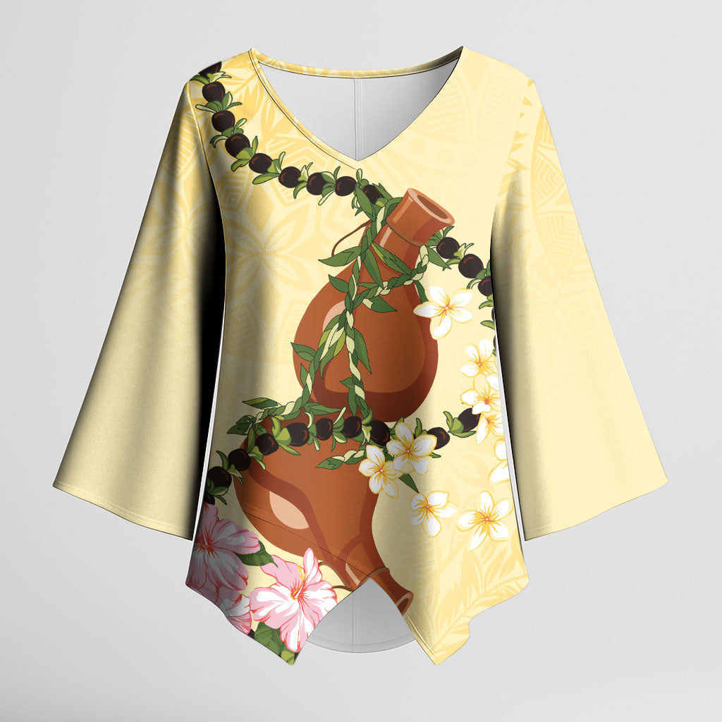 Aloha Hawaii Ipu Gourd Mix Kukui Nut Lei Kimono Sleeve Blouse Lemon Yellow LT7 Female Lemon Yellow - Polynesian Pride