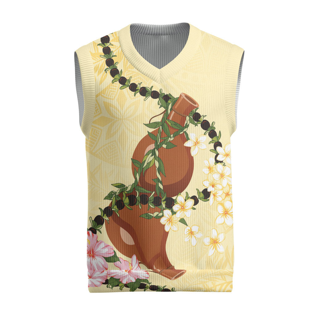 Aloha Hawaii Ipu Gourd Mix Kukui Nut Lei Christmas Knitted V-Neck Vest Lemon Yellow LT7 Lemon Yellow - Polynesian Pride