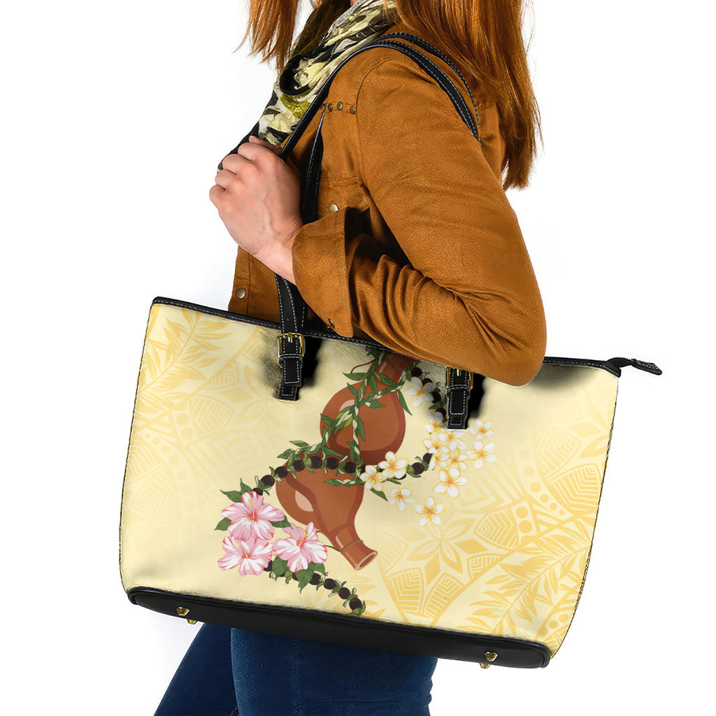 Aloha Hawaii Ipu Gourd Mix Kukui Nut Lei Leather Tote Bag Lemon Yellow LT7 Lemon Yellow - Polynesian Pride