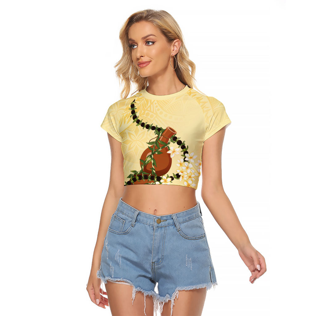 Aloha Hawaii Ipu Gourd Mix Kukui Nut Lei Raglan Cropped T Shirt Lemon Yellow LT7 Female Lemon Yellow - Polynesian Pride