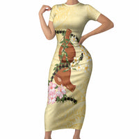 Aloha Hawaii Ipu Gourd Mix Kukui Nut Lei Short Sleeve Bodycon Dress Lemon Yellow LT7 Long Dress Lemon Yellow - Polynesian Pride