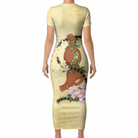 Aloha Hawaii Ipu Gourd Mix Kukui Nut Lei Short Sleeve Bodycon Dress Lemon Yellow LT7 - Polynesian Pride