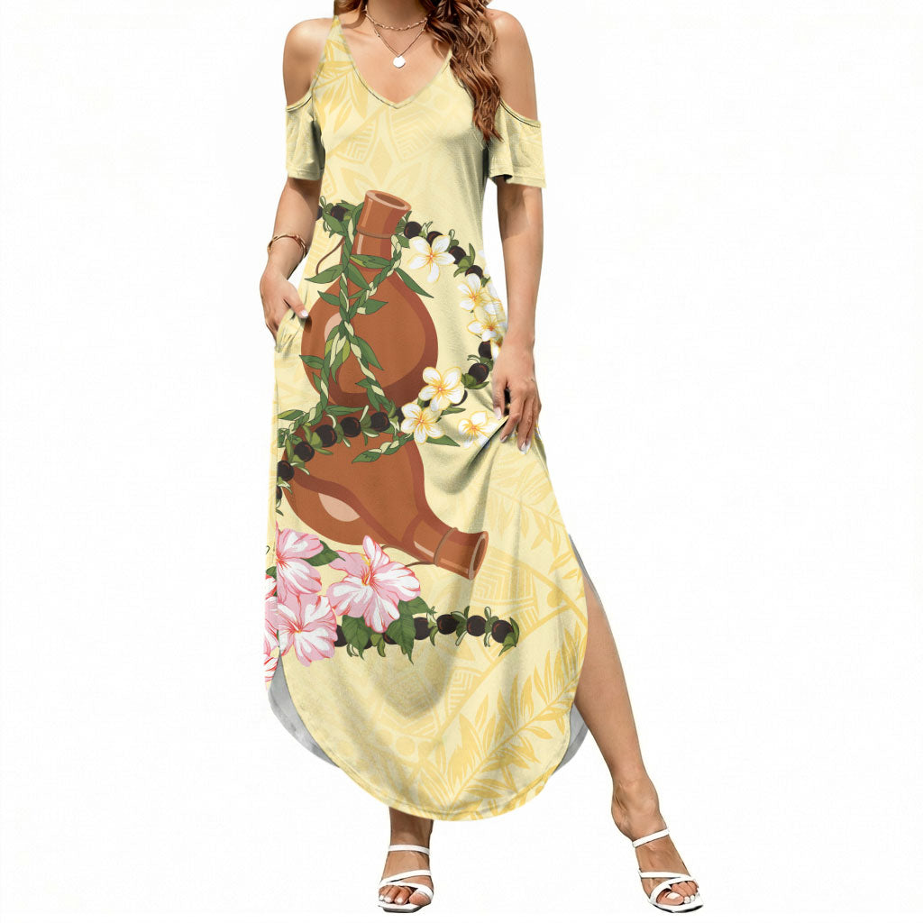 Aloha Hawaii Ipu Gourd Mix Kukui Nut Lei Summer Maxi Dress Lemon Yellow LT7 Women Lemon Yellow - Polynesian Pride