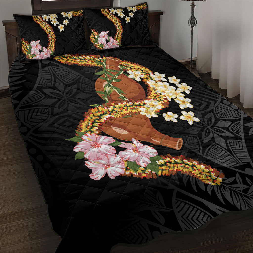 Aloha Hawaii Ipu Gourd Mix ʻĀkulikuli Lei Quilt Bed Set Obsidian Black LT7 Obsidian Black - Polynesian Pride