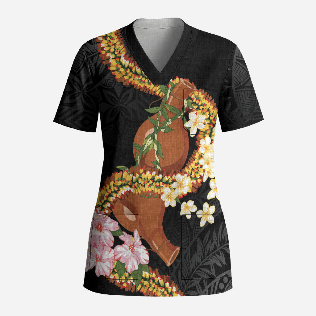 Aloha Hawaii Ipu Gourd Mix ʻĀkulikuli Lei Scrub Top Obsidian Black LT7 Adult Obsidian Black - Polynesian Pride