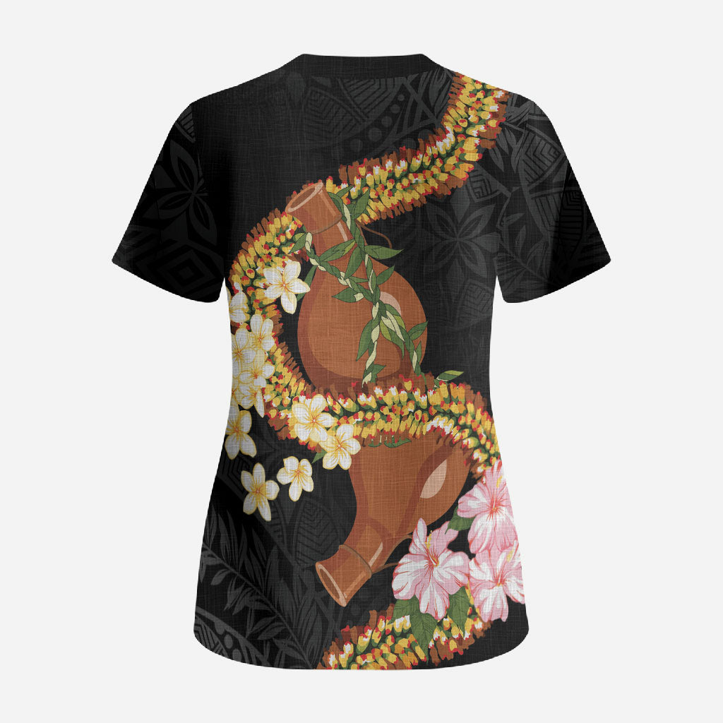 Aloha Hawaii Ipu Gourd Mix ʻĀkulikuli Lei Scrub Top Obsidian Black LT7 - Polynesian Pride
