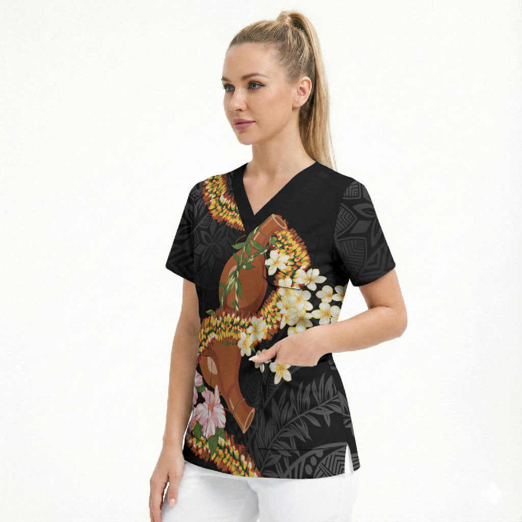 Aloha Hawaii Ipu Gourd Mix ʻĀkulikuli Lei Scrub Top Obsidian Black LT7 - Polynesian Pride