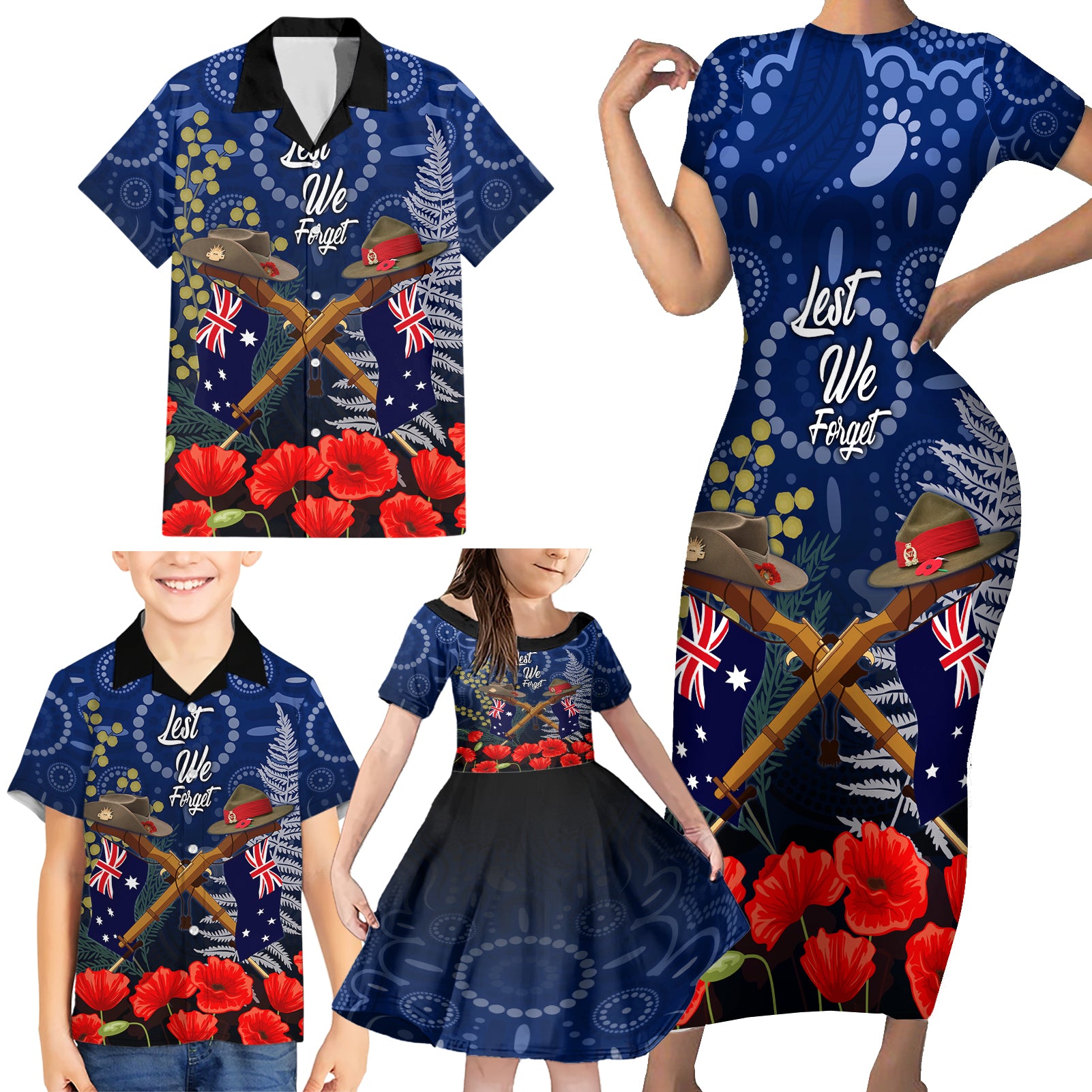 Anzac Family Matching Short Sleeve Bodycon Dress and Hawaiian Shirt Ausralia Aboriginal Mix New Zealand Slouch Hats LT7 - Polynesian Pride