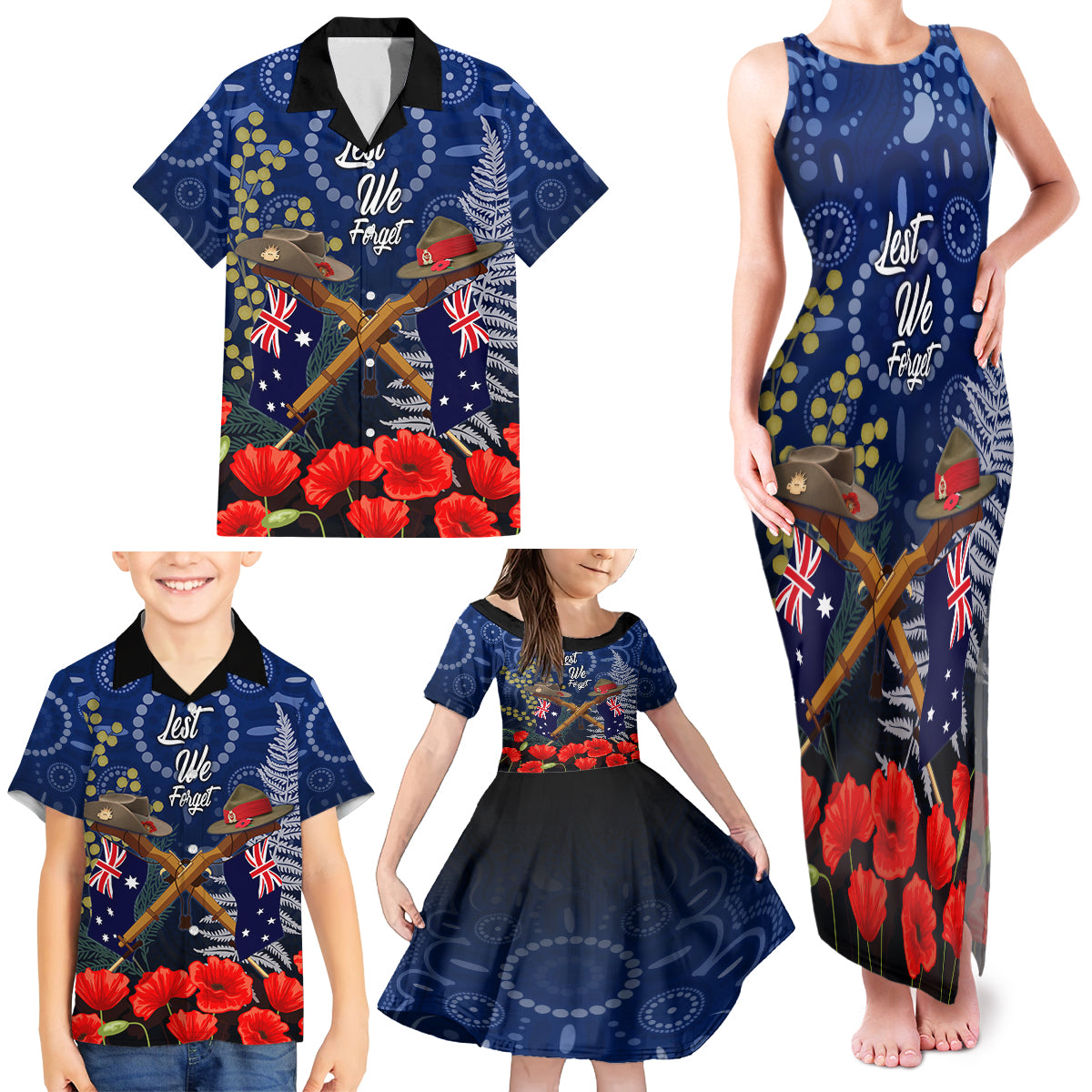 Anzac Family Matching Tank Maxi Dress and Hawaiian Shirt Ausralia Aboriginal Mix New Zealand Slouch Hats LT7 - Polynesian Pride