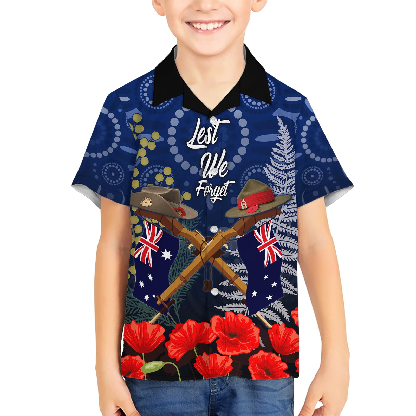 Anzac Kid Hawaiian Shirt Australia Aboriginal Mix New Zealand Slouch Hats LT7 Kid Blue - Polynesian Pride