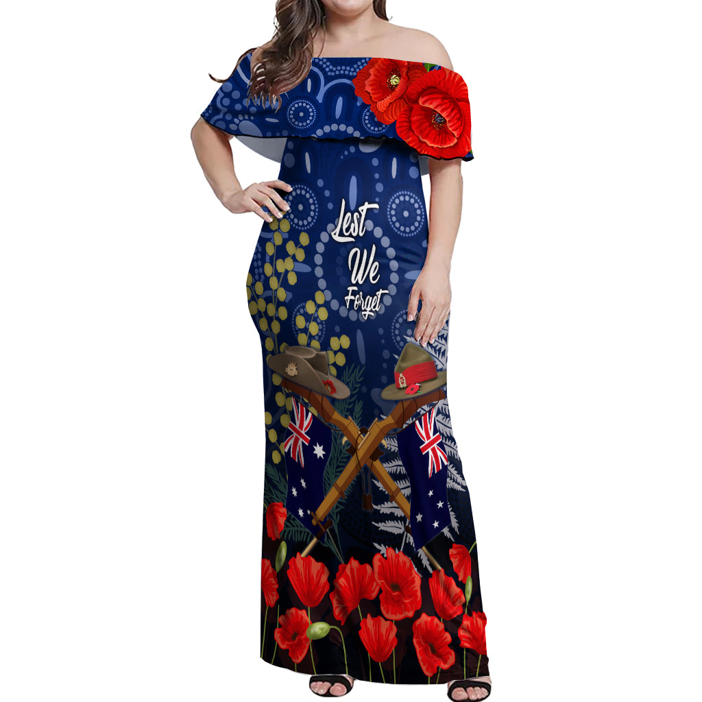 Anzac Off Shoulder Maxi Dress Ausralia Aboriginal Mix New Zealand Slouch Hats LT7 Women Blue - Polynesian Pride