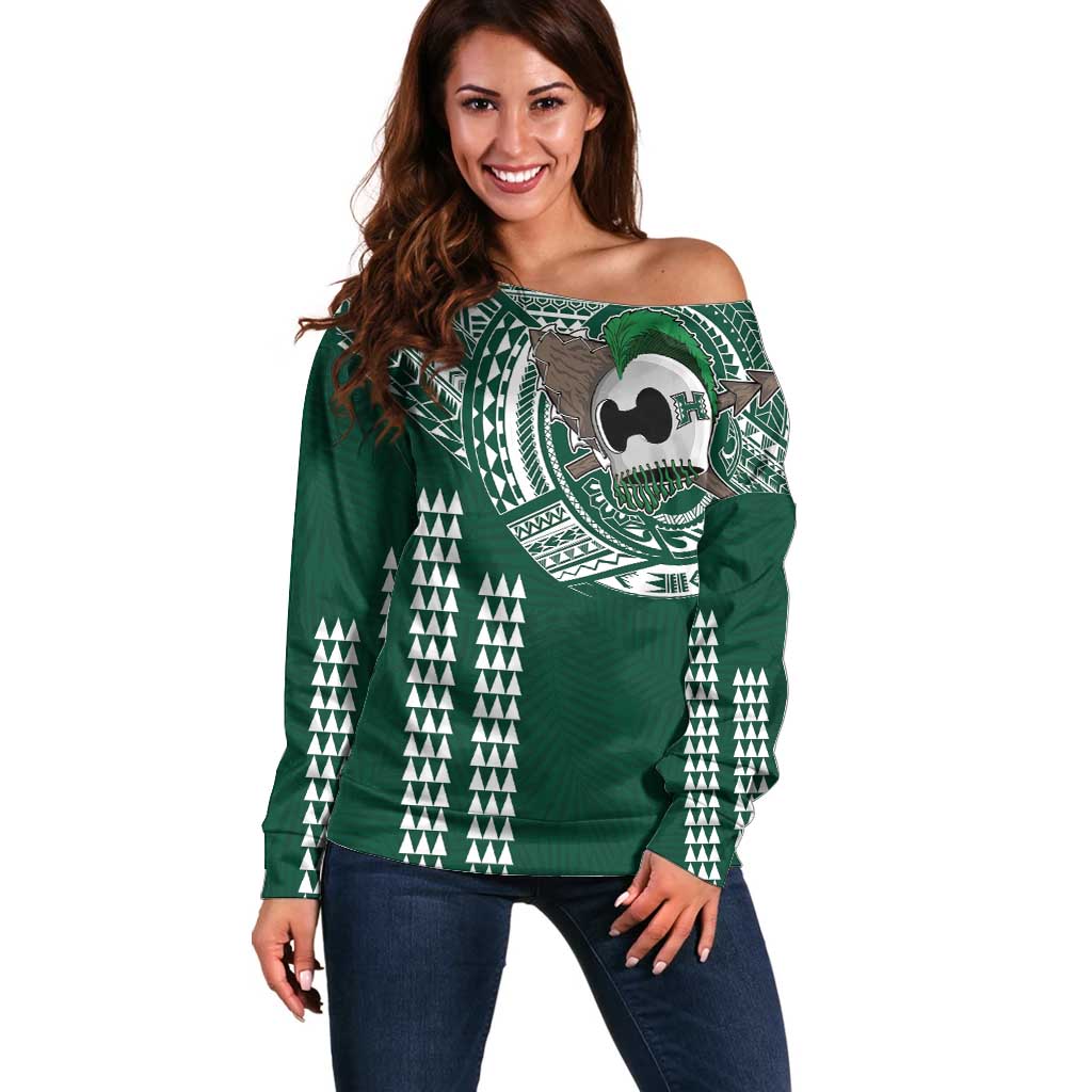 Hawaii Rainbow Warriors Personalized Off Shoulder Sweater Kakau Ikaika Laau Pama LT7 Women Green - Polynesian Pride