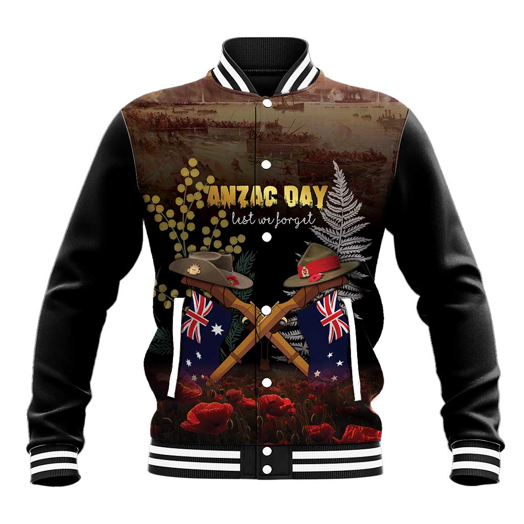 Australia - New Zealand ANZAC Baseball Jacket Gallipoli ANZAC Cove Landing LT7 Unisex Black - Polynesian Pride