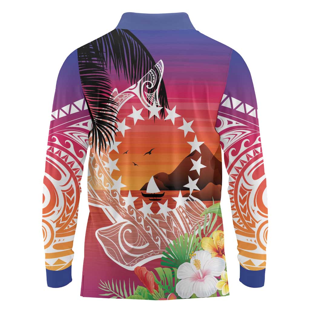 Kia Orana Cook Islands Long Sleeve Polo Shirt Sunset Dream LT7 - Polynesian Pride